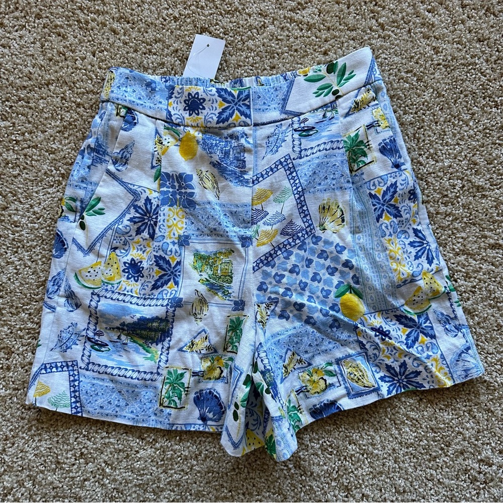 J.Crew Linen Blend Mediterranean Print Shorts Women’s 00 Blue Lemon Tile NWT